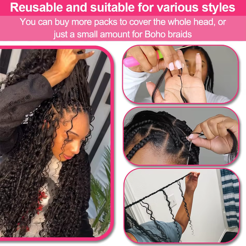 Mèches de cheveux humains bouclés style birman pour crochet, tresses invisibles sans nœuds, cheveux 