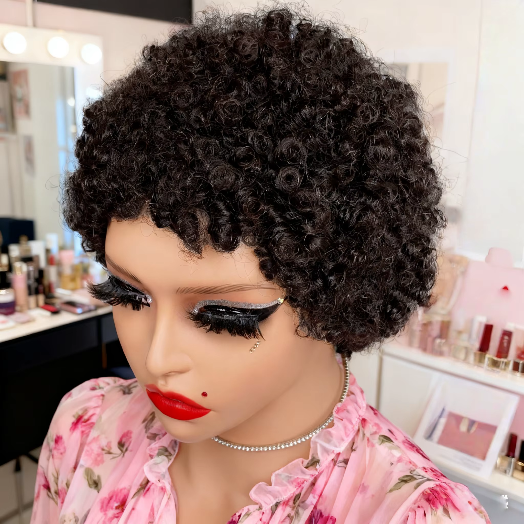 Perruque de cheveux humains courts, amples et bouclés, d'apparence naturelle pour femmes, perruque e