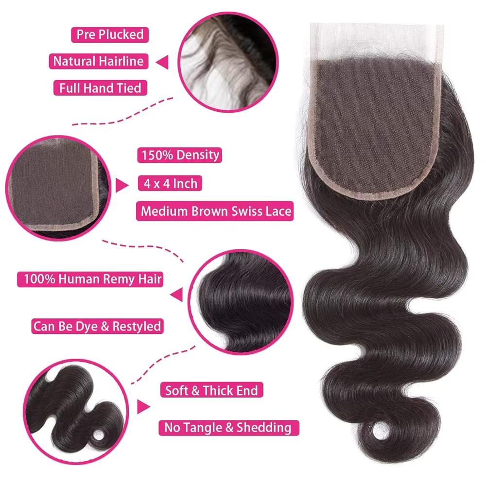 Extensions de cheveux humains 100% naturels, ondulés, brésiliens non traités, 3 mèches avec closure 