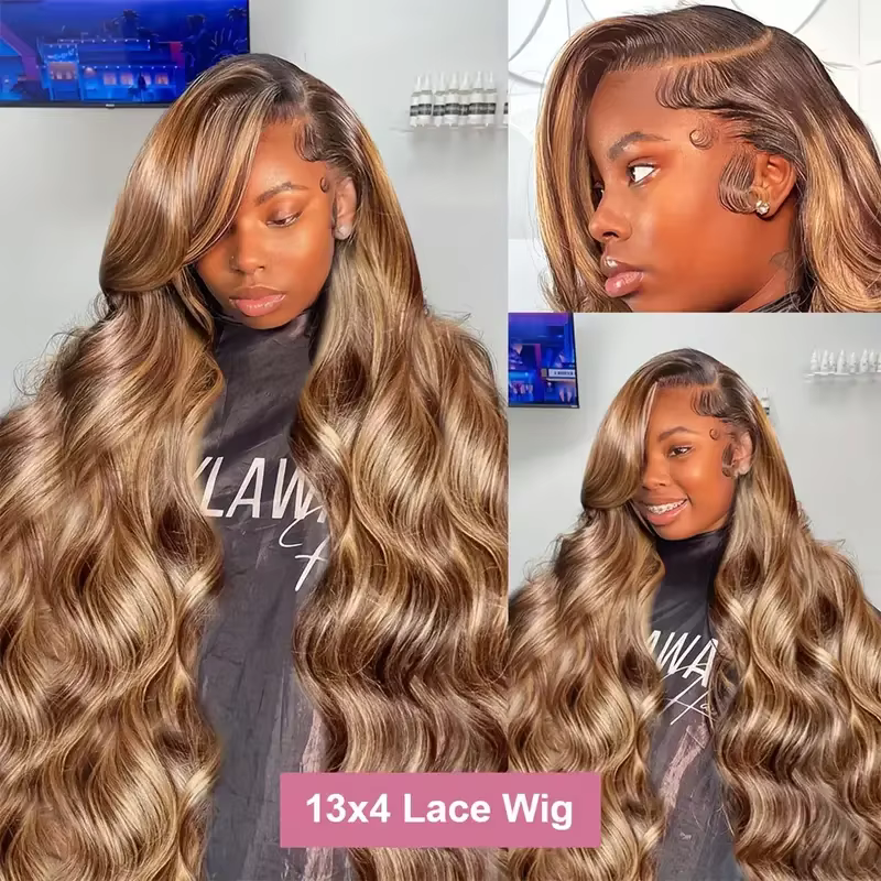 P4/27 mettre en évidence brun vague de corps 13x6 perruque de cheveux humains couleur blond miel 13x