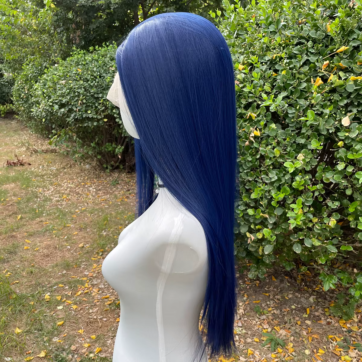 Perruque Lace Front Wig synthétique bleu foncé 13x4, 26 pouces, longue et lisse, nouée à la main, de