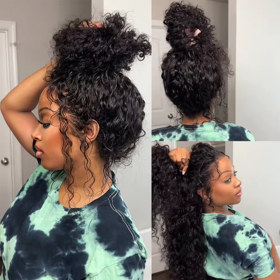 Perruques sans colle 360 Water Wave à sangle invisible, en cheveux humains pré-épilés, avec cordon d