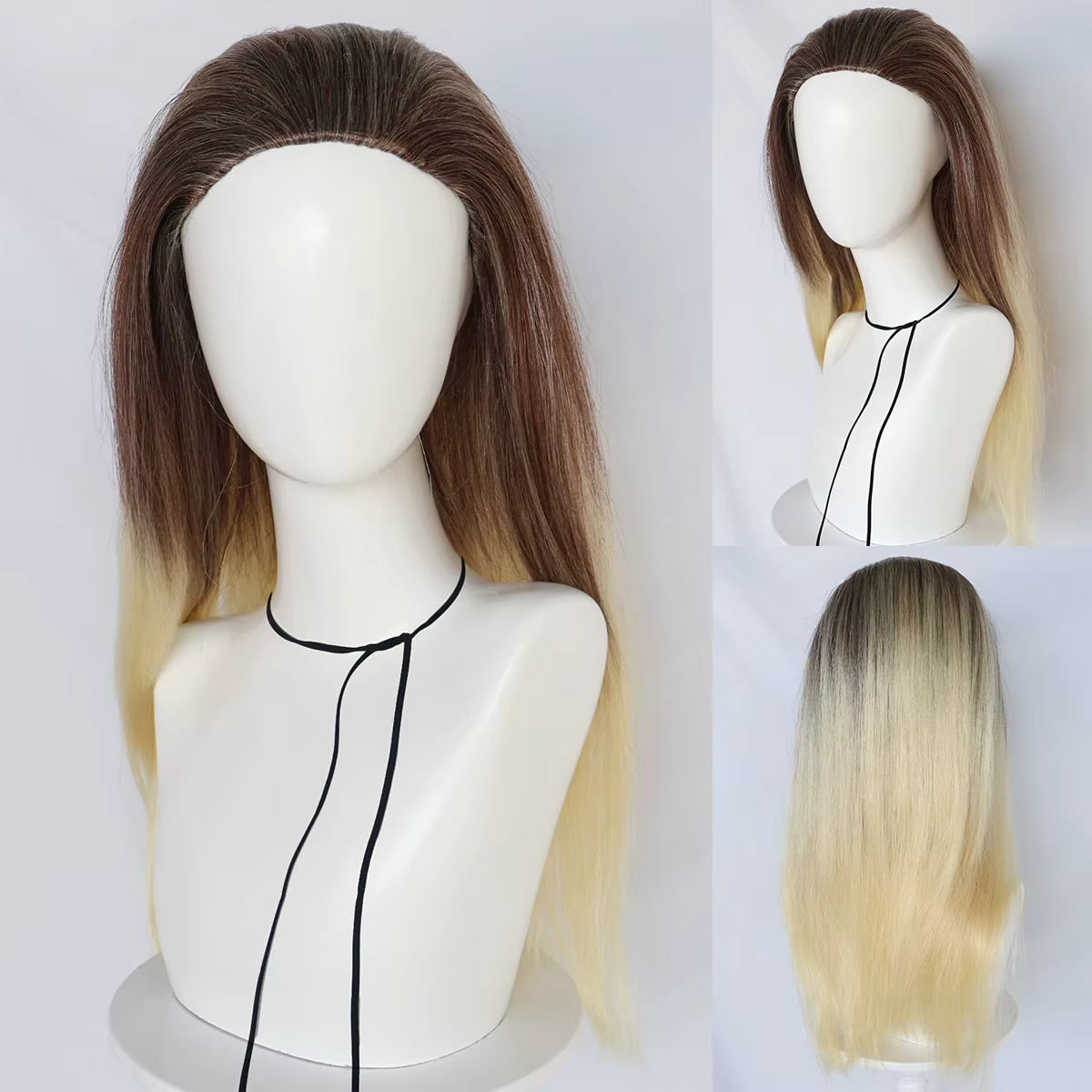 Perruque longue et droite ombrée brun-blond, perruque de cosplay, perruque synthétique longue et dro