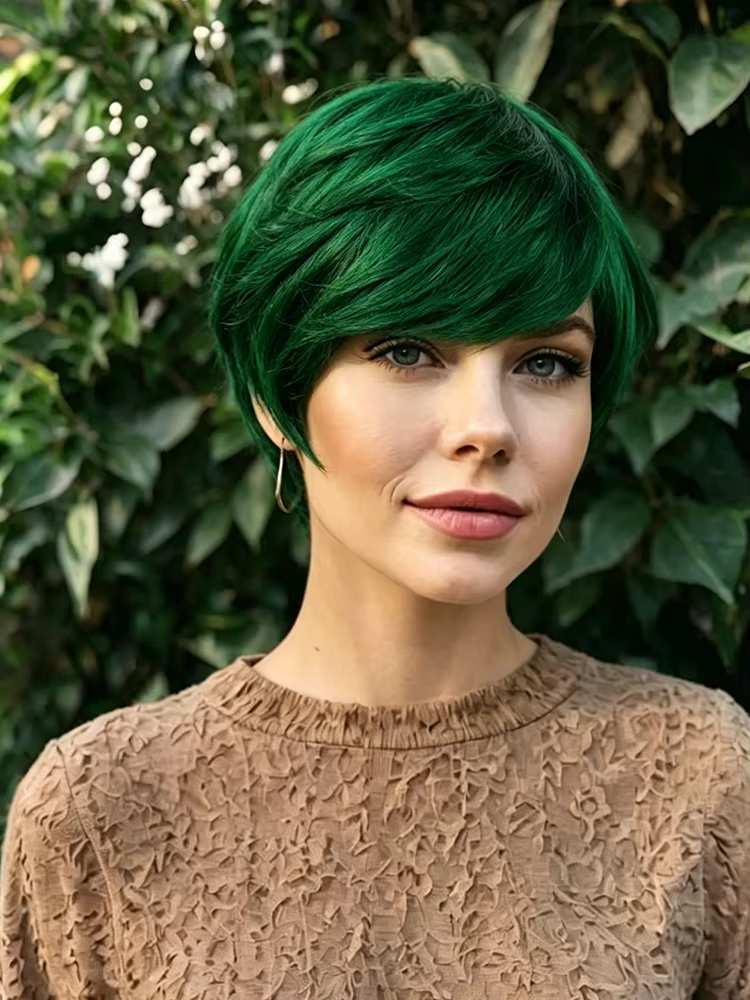 Perruque moderne coupe pixie vert émeraude riche aux tons de bijoux, en cheveux humains, avec une fr