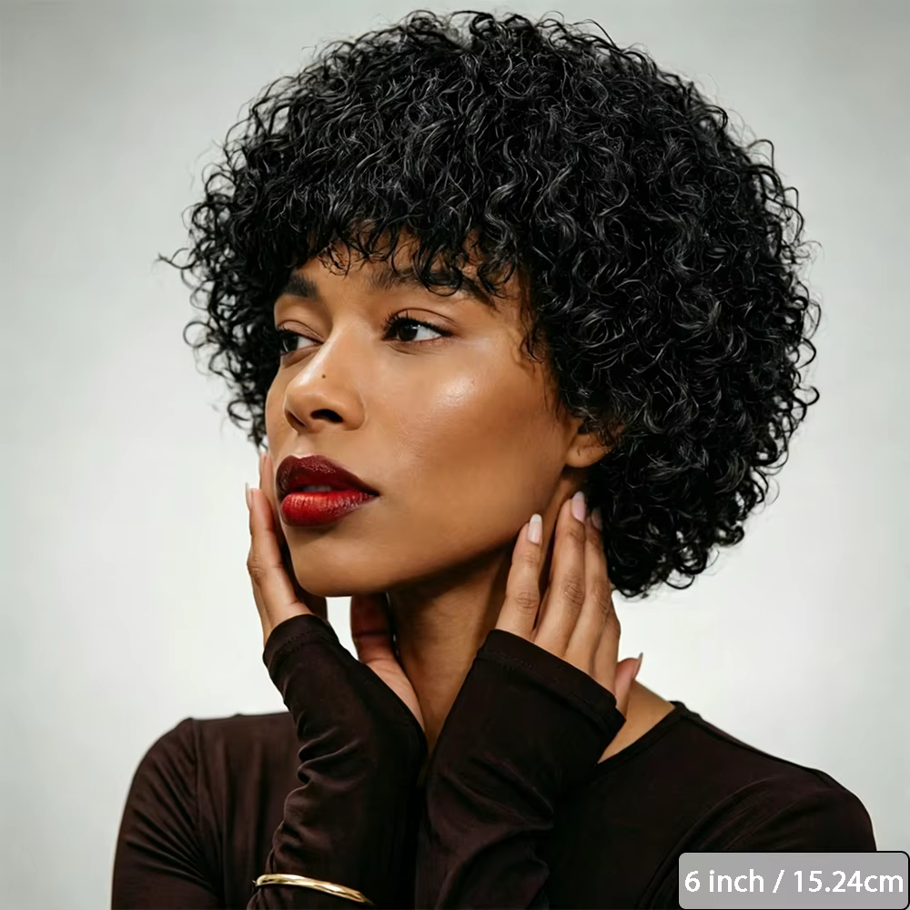 Perruque en cheveux humains noirs bouclés crépus avec frange, densité 180%, fabriquée à la machine, 