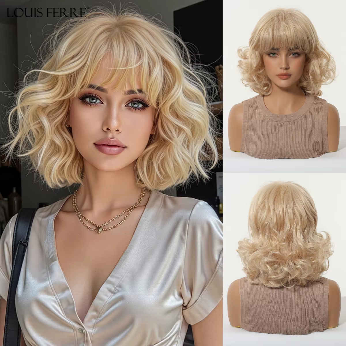 LOUIS FERRE – perruques synthétiques courtes bouclées blondes naturelles, faux cheveux naturels à us
