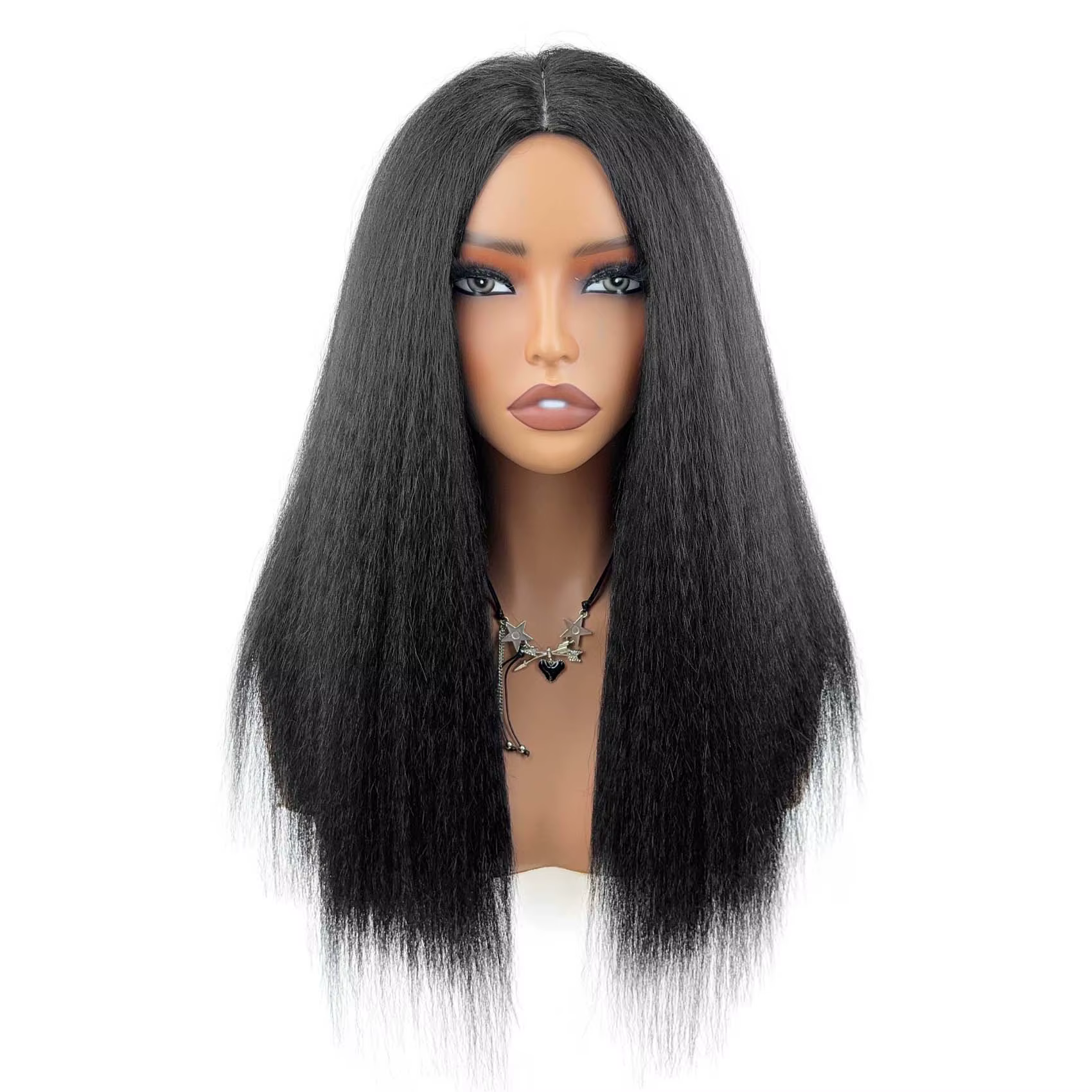 Perruque Yaki noire lisse mi-longue de Style africain pour femmes, perruque synthétique résistante à