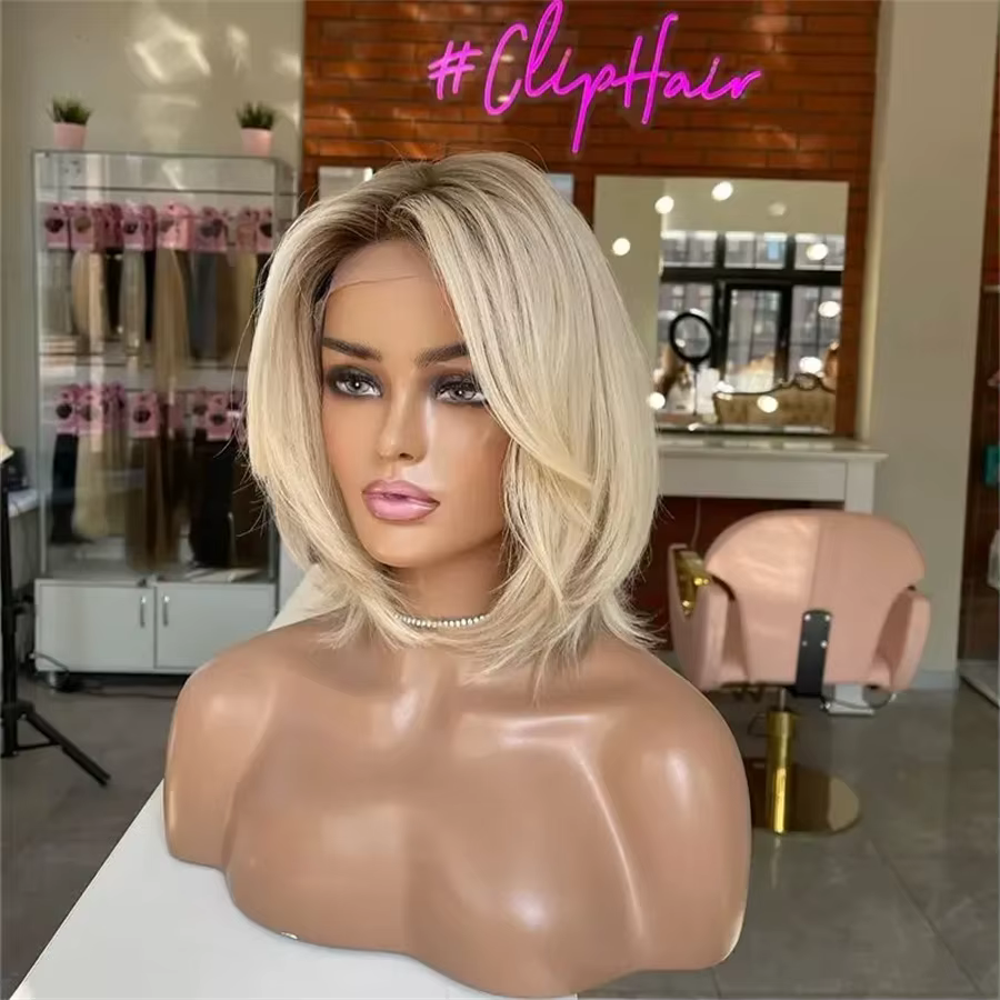 Perruque Bob transparente invisible, ombrée brun-blond avec racines foncées, perruque de fête, perru