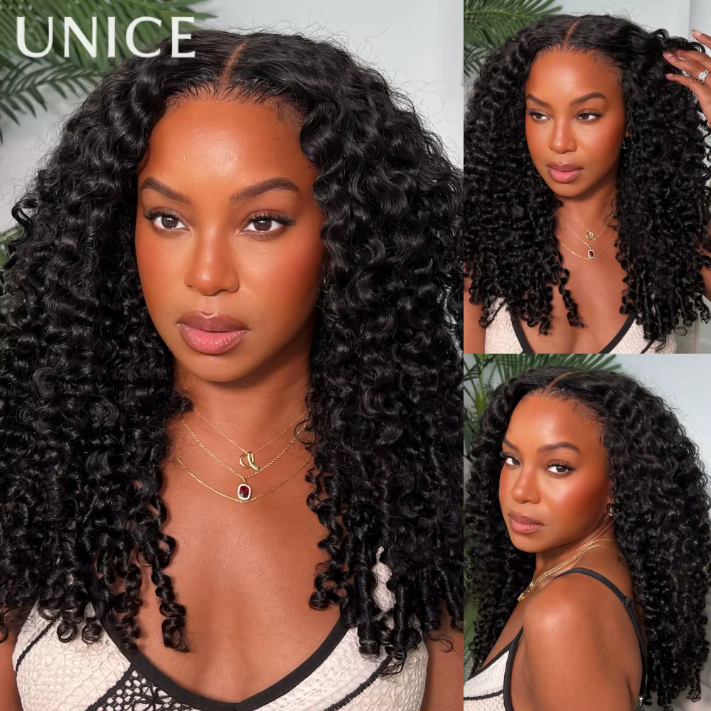 UNice 7x5 Bye-Bye Slip & 13x4 pré-tout perruque de cheveux humains bouclés avec extrémités de bobine