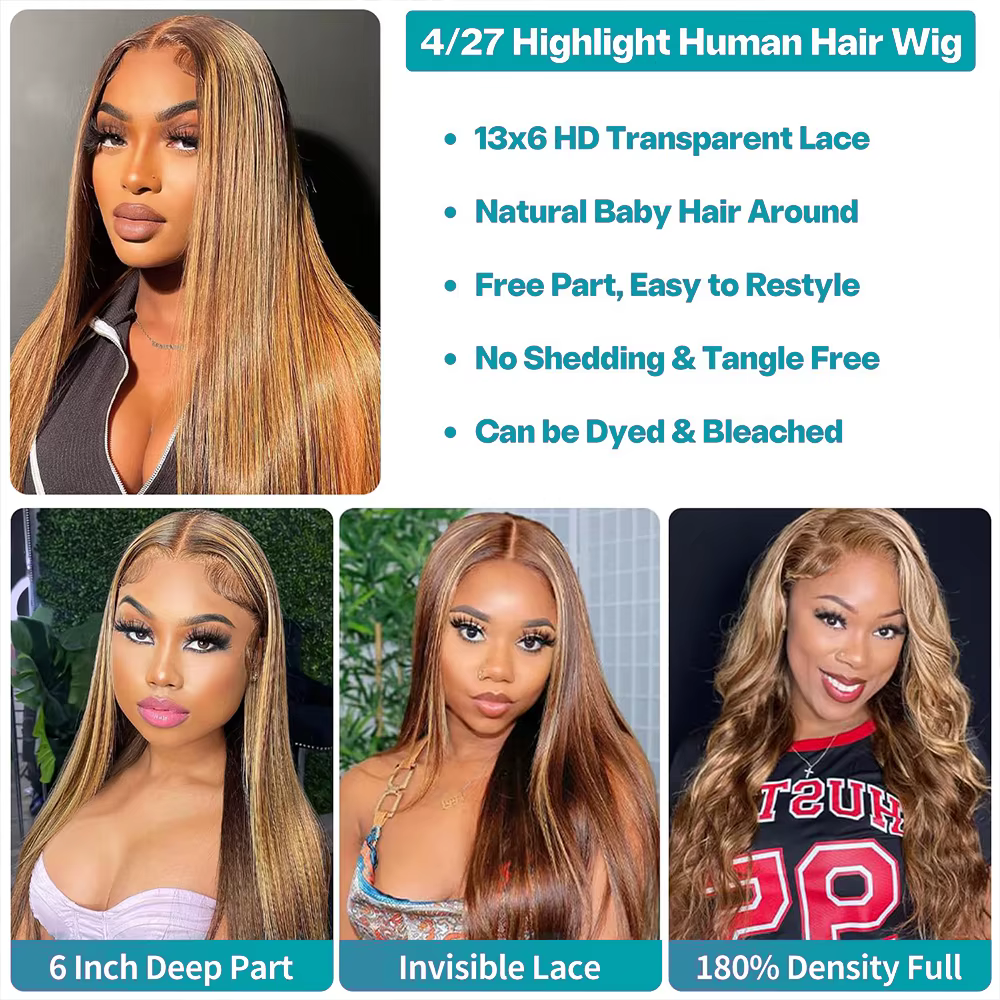 Perruque Lace Front Wig naturelle lisse à reflets P4/27, 13x6, perruque ombrée de couleur blond miel