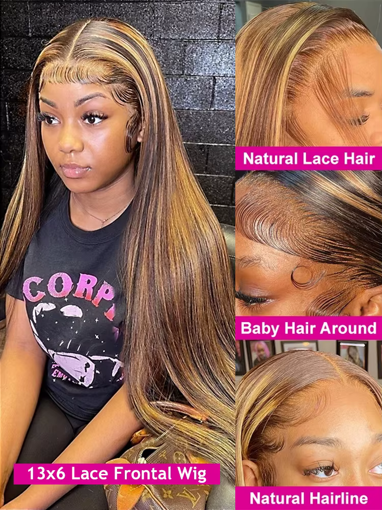 Perruque Lace Front Wig sans colle naturelle ombrée, cheveux lisses, blond miel, 13x6 HD, 30 34 pouc