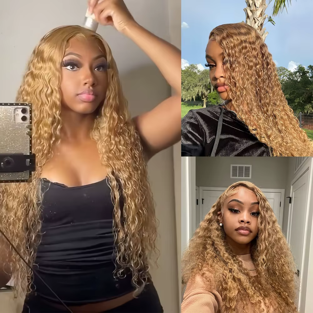 27 #   Perruque Blonde miel cheveux humains 13x6 cheveux humains bouclés dentelle frontale perruque 
