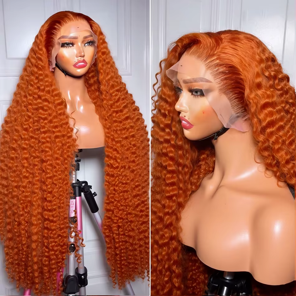 Perruque Lace Frontal Wig brésilienne naturelle, cheveux bouclés, Orange gingembre, 13x6, Deep Wave,
