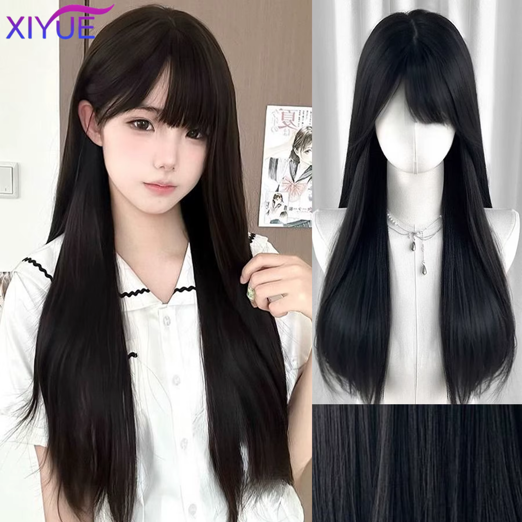 XIYUE – perruques synthétiques longues et lisses avec frange, perruques noires de fête Cosplay Lolit
