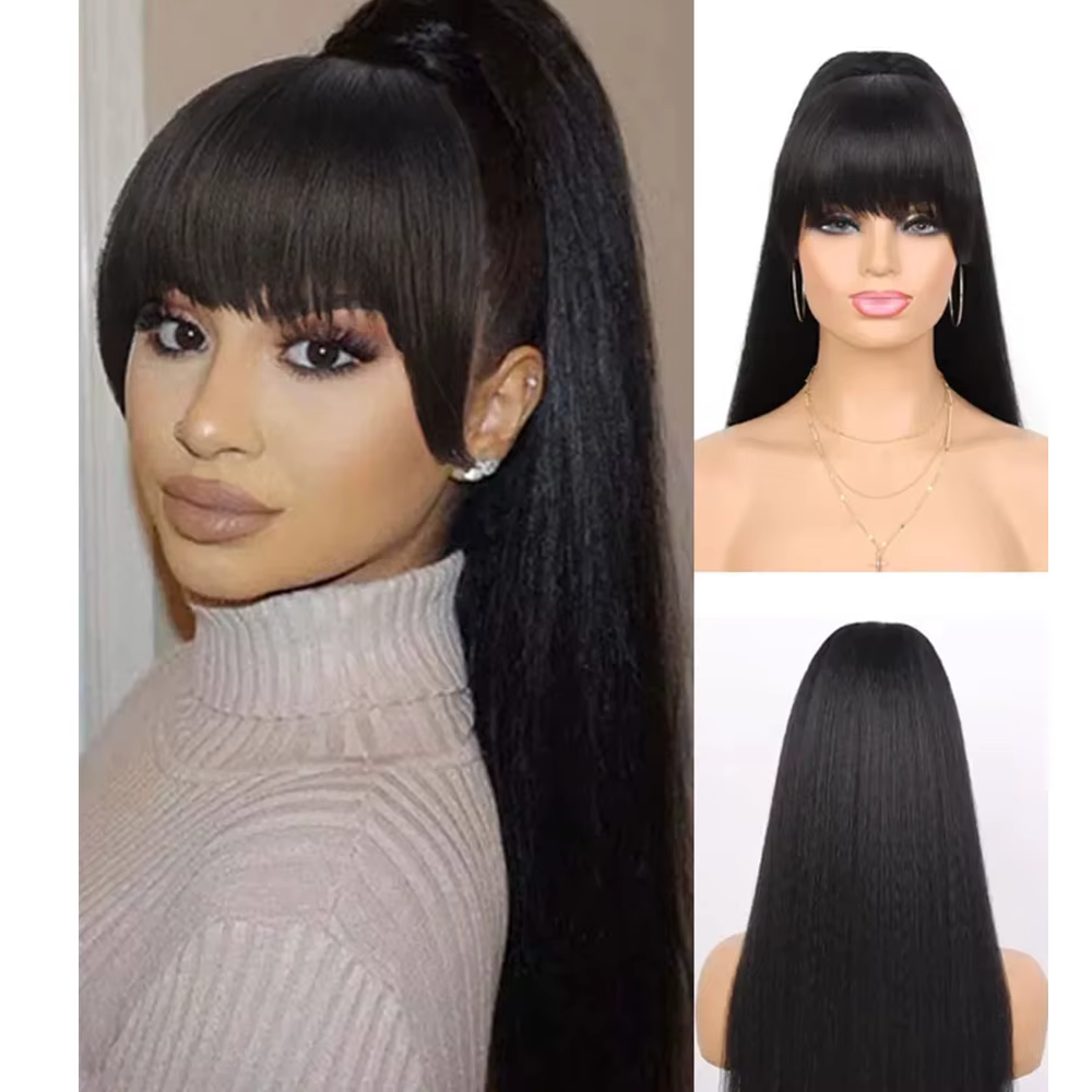 Perruque synthétique Haipiece Yaki, Extension queue de cheval avec frange, longue et lisse, pour fem