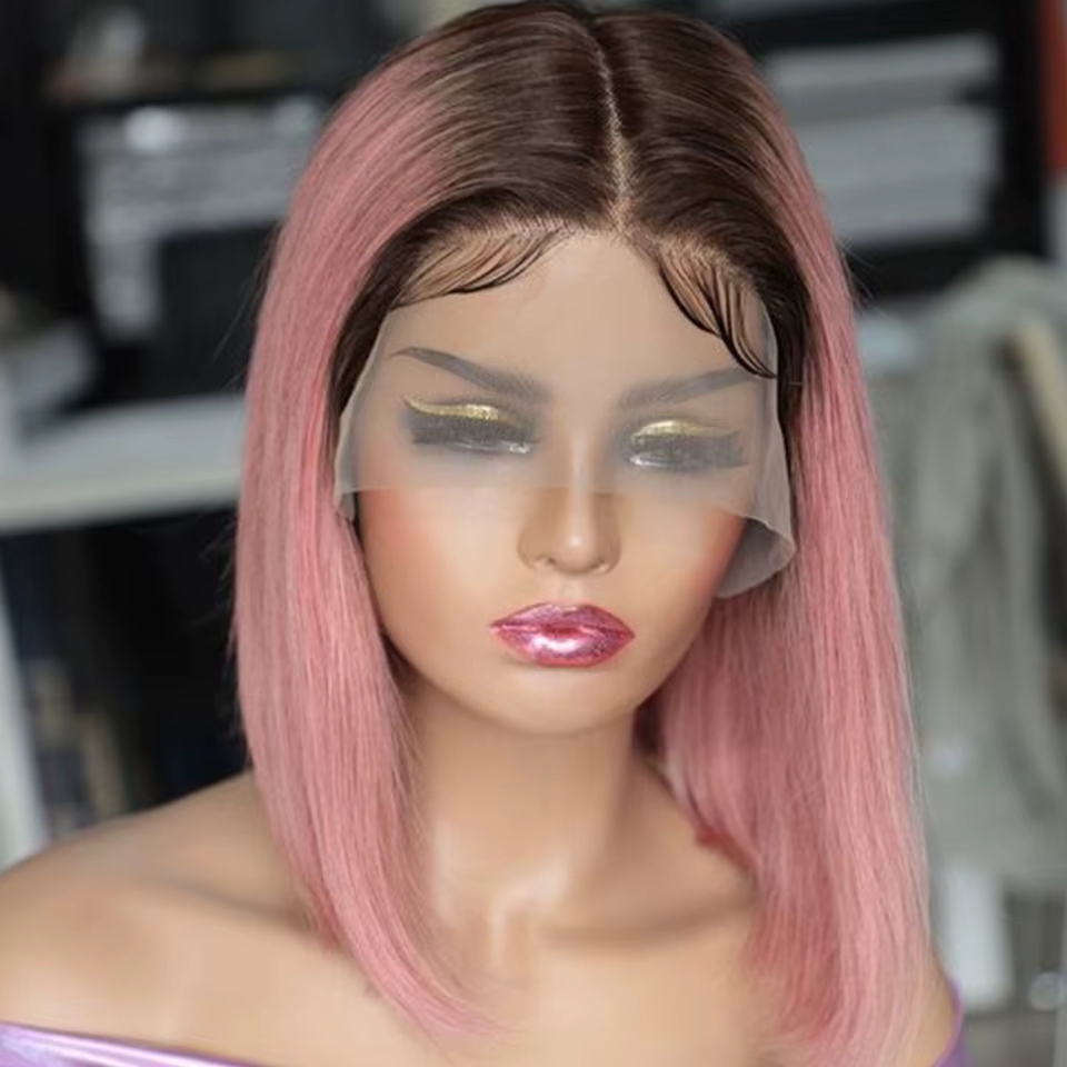 Perruque Bob Lace Front Wig naturelle lisse rose ombré, cheveux courts, Transparent, nœuds décolorés