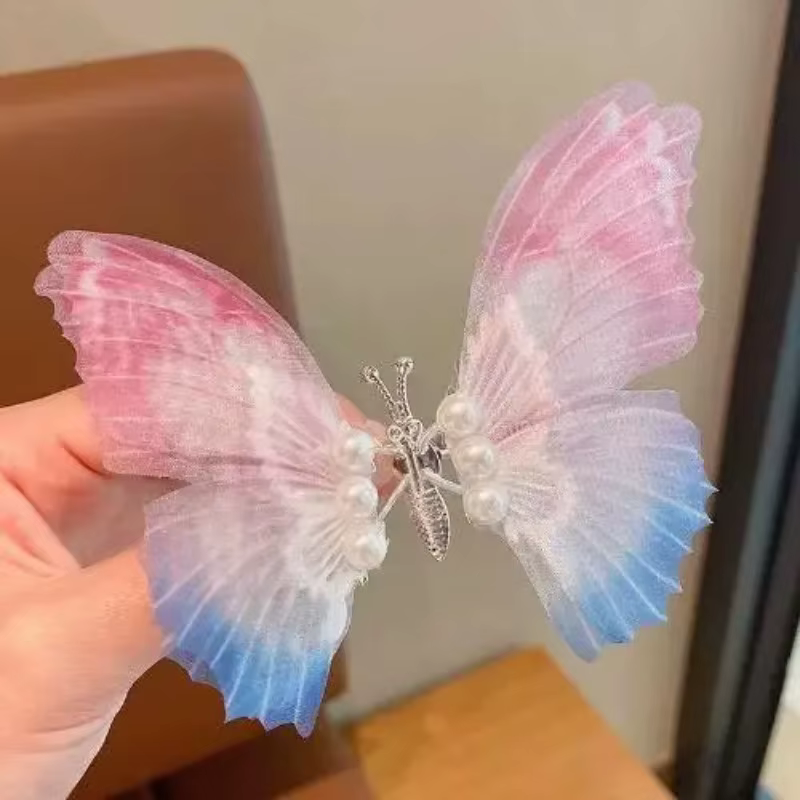 Barrette à cheveux papillon perlée colorée à grandes ailes mobiles, magnifique pince à cheveux perlé