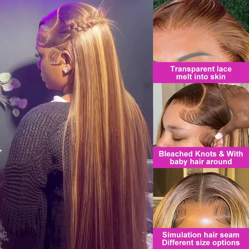 250 densité mettre en évidence Ombre 13x4 dentelle avant perruque cheveux humains 13x6 miel blond dr