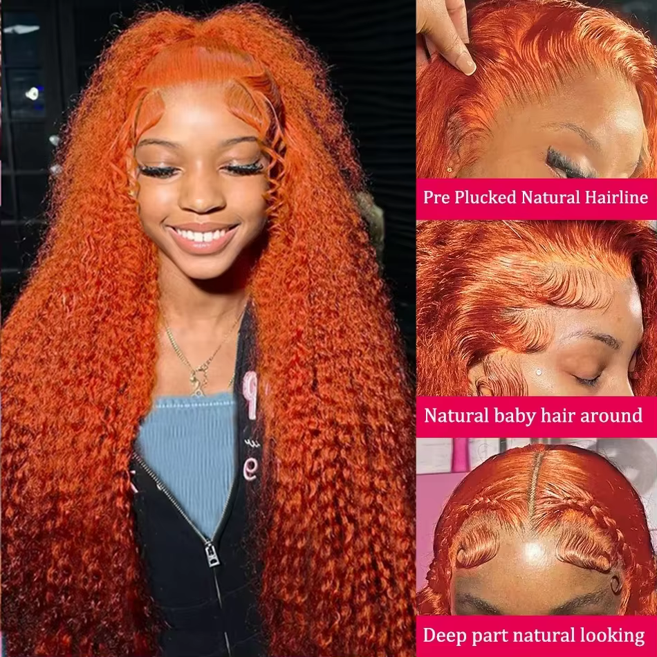 Perruques Lace Front 13x4 en Cheveux Humains Brésiliens Ondulés Profonds Ginger, 30 Pouces # Perruqu