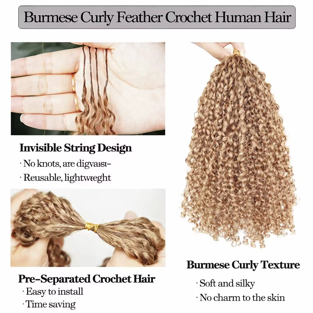 # Extensions de cheveux au crochet Deep Wave Feather, couleur blond miel, cheveux humains bouclés sa