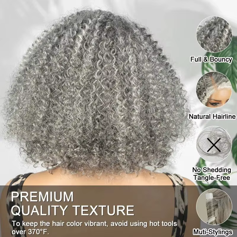 Perruques courtes bouclées en cheveux humains couleur sel et poivre, perruques bob bouclées profonde
