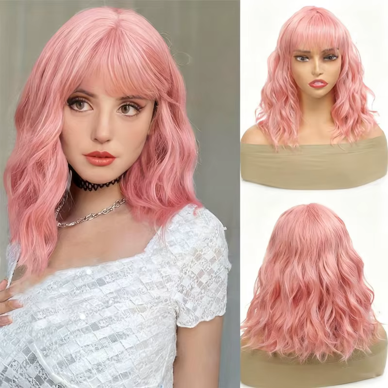 Perruque rose courte ondulée de 14 pouces pour femmes, perruque rose Pastel avec dentelle, longueur 