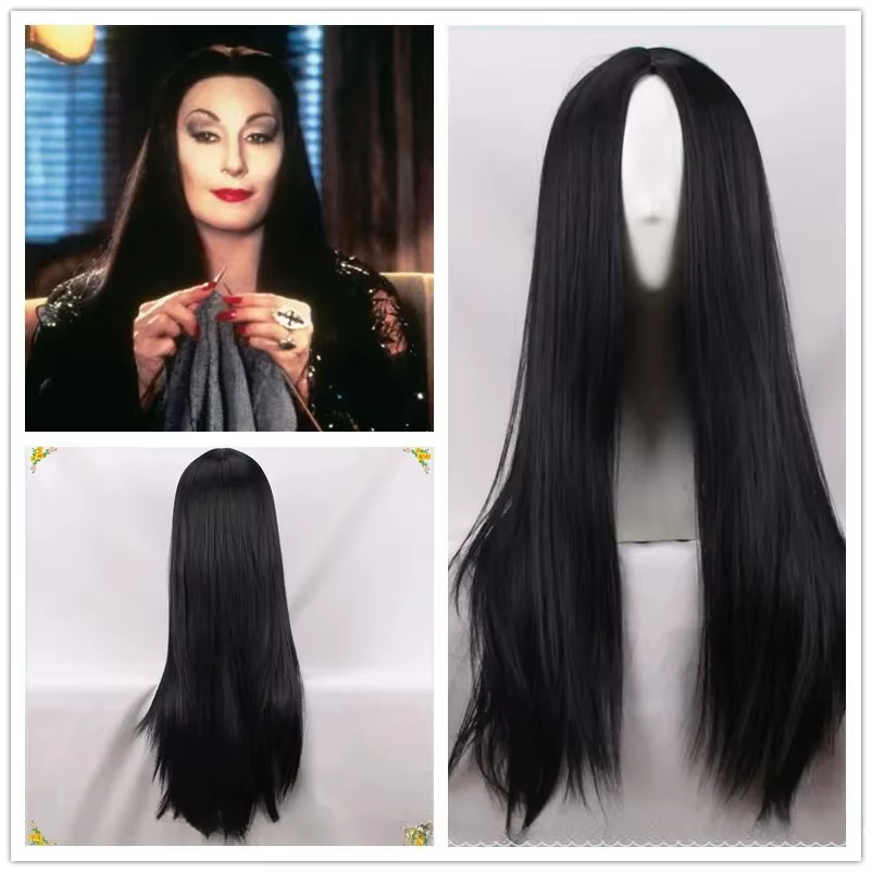 Halloween femmes Addams famille Cosplay perruque Morticia Addams perruques noir longue droite partie