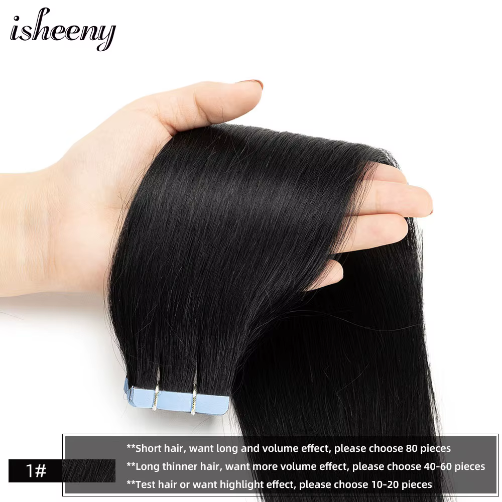 Extensions de cheveux naturels Isheeny à bandes adhésives, lisses, 12-24 pouces, Remy, 20 pièces, no