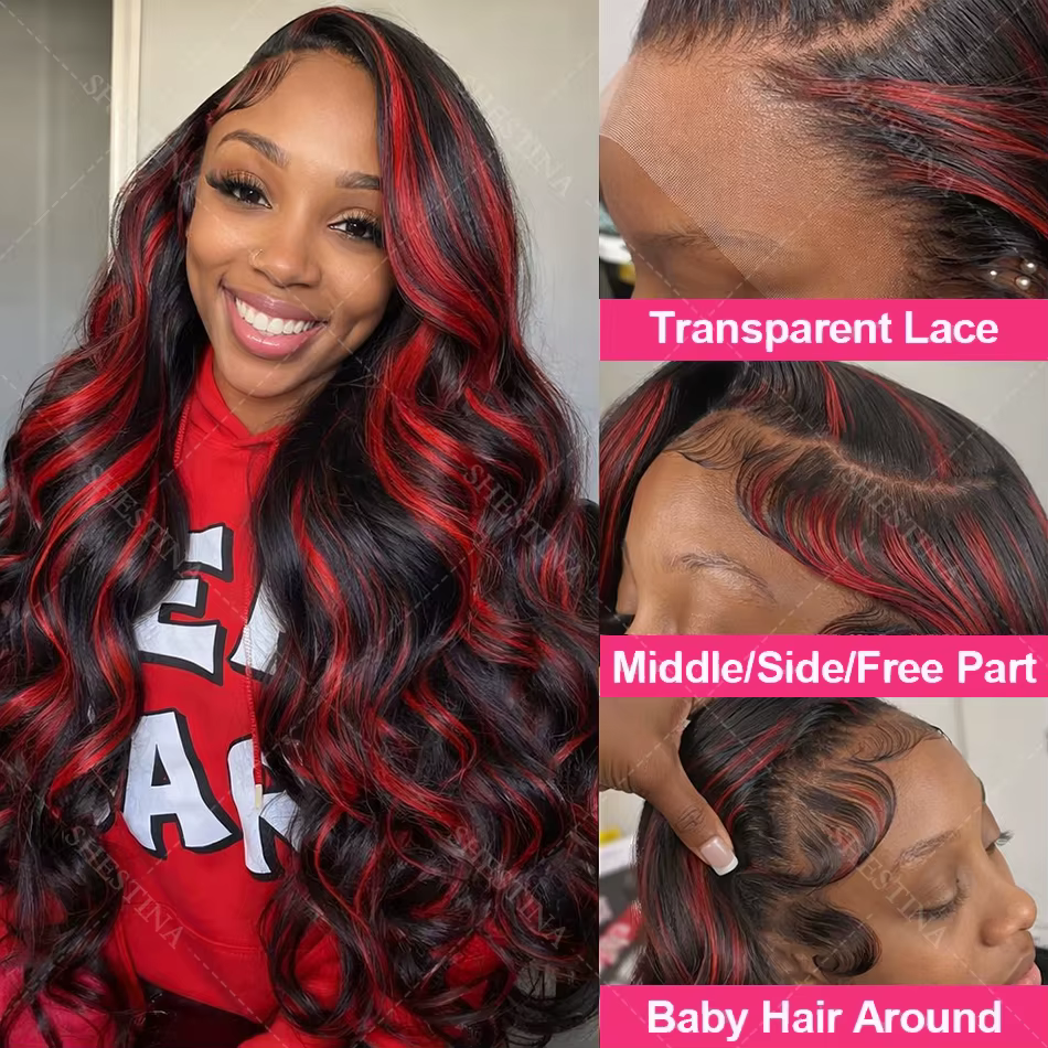 Perruque 1B/99J Highlight en cheveux humains, 13x4 HD Body Wave Lace Frontal, colorée rouge et noir,
