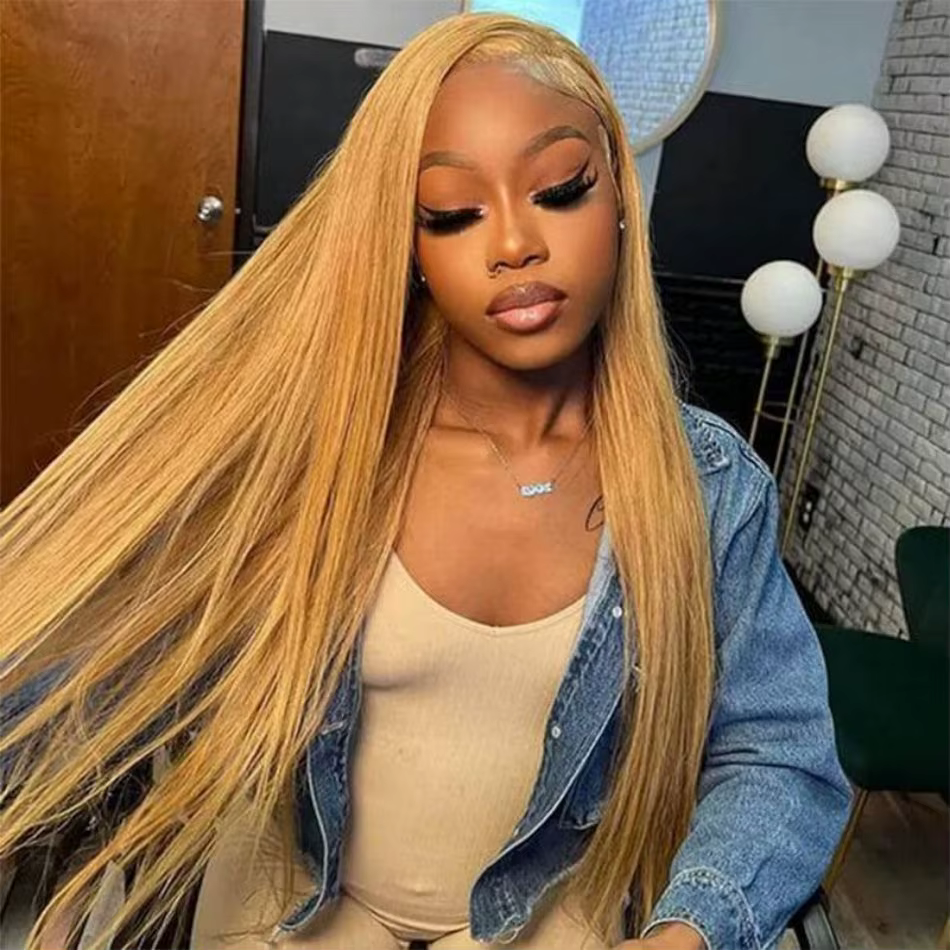 Perruques de cheveux humains lisses blond miel 27, colorées, avec dentelle frontale HD 13x6, perruqu