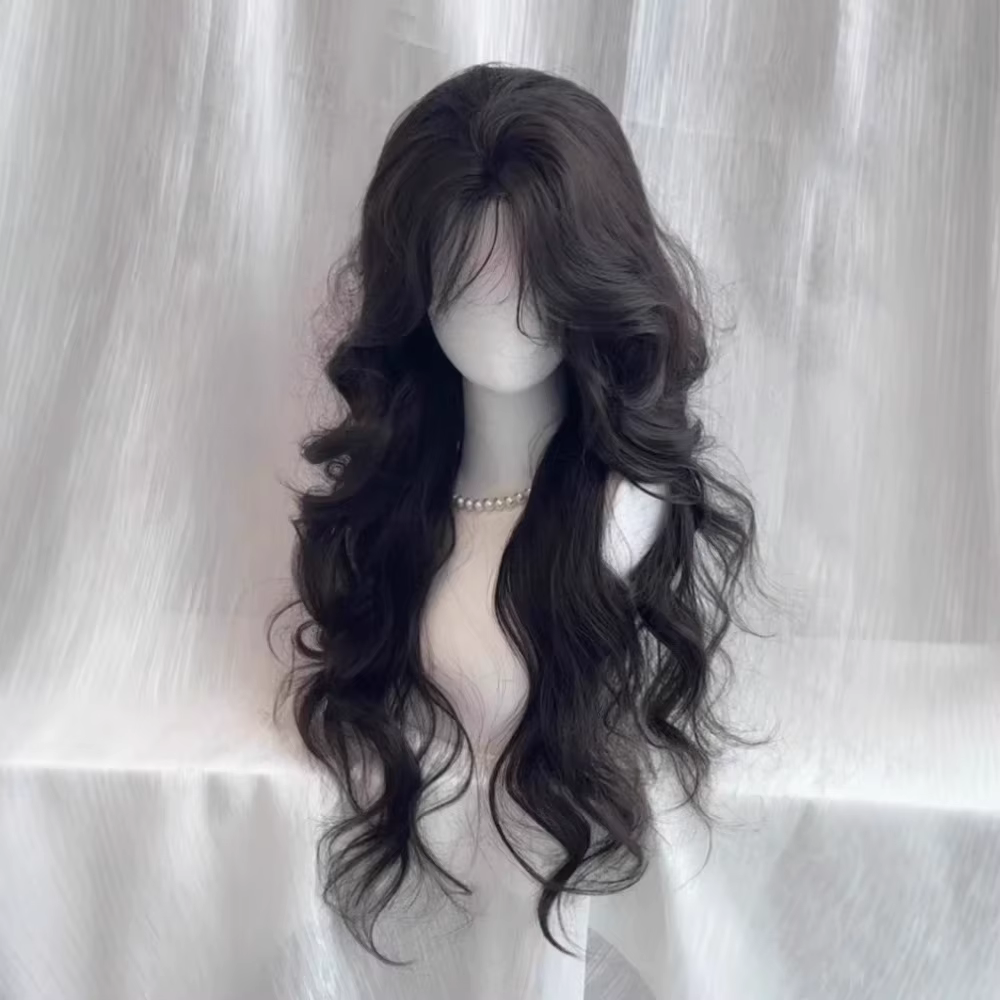 Perruque bouclée longue vague lâche noire naturelle-cheveux synthétiques résistants à la chaleur ave