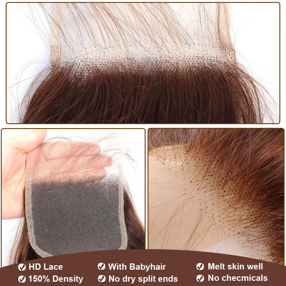 Extensions de Cheveux Humains Ondulés Bruns avec Closure 4x4/13x4, Cheveux Humains 100% Naturels, Ti