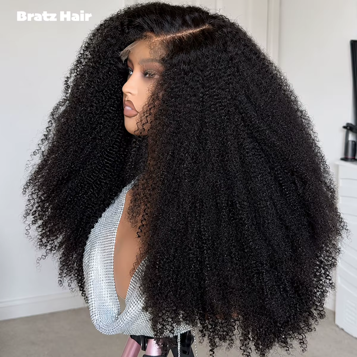 Perruque Afro Bouclée Naturelle Noire 20 Pouces Super Double Drawn avec Fermeture 5x5, 100% Cheveux 