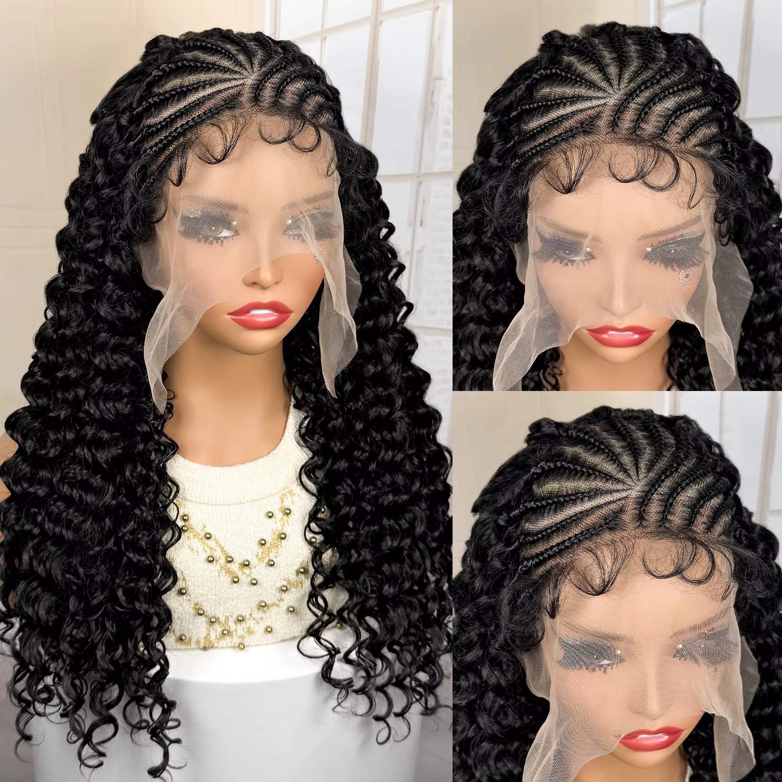 Perruque synthétique tressée en cornrows avec dentelle frontale 13x6, bouclée, 22 pouces, faite à la