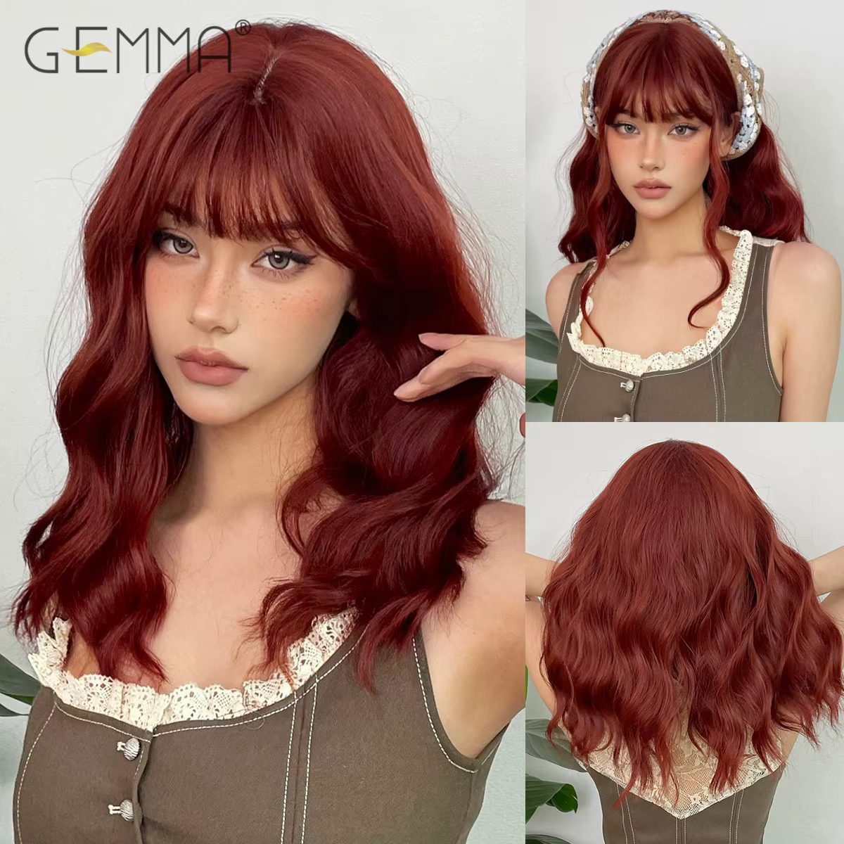 GEMMA – perruque synthétique bouclée mi-longue avec frange, cheveux naturels ondulés pour Cosplay, e