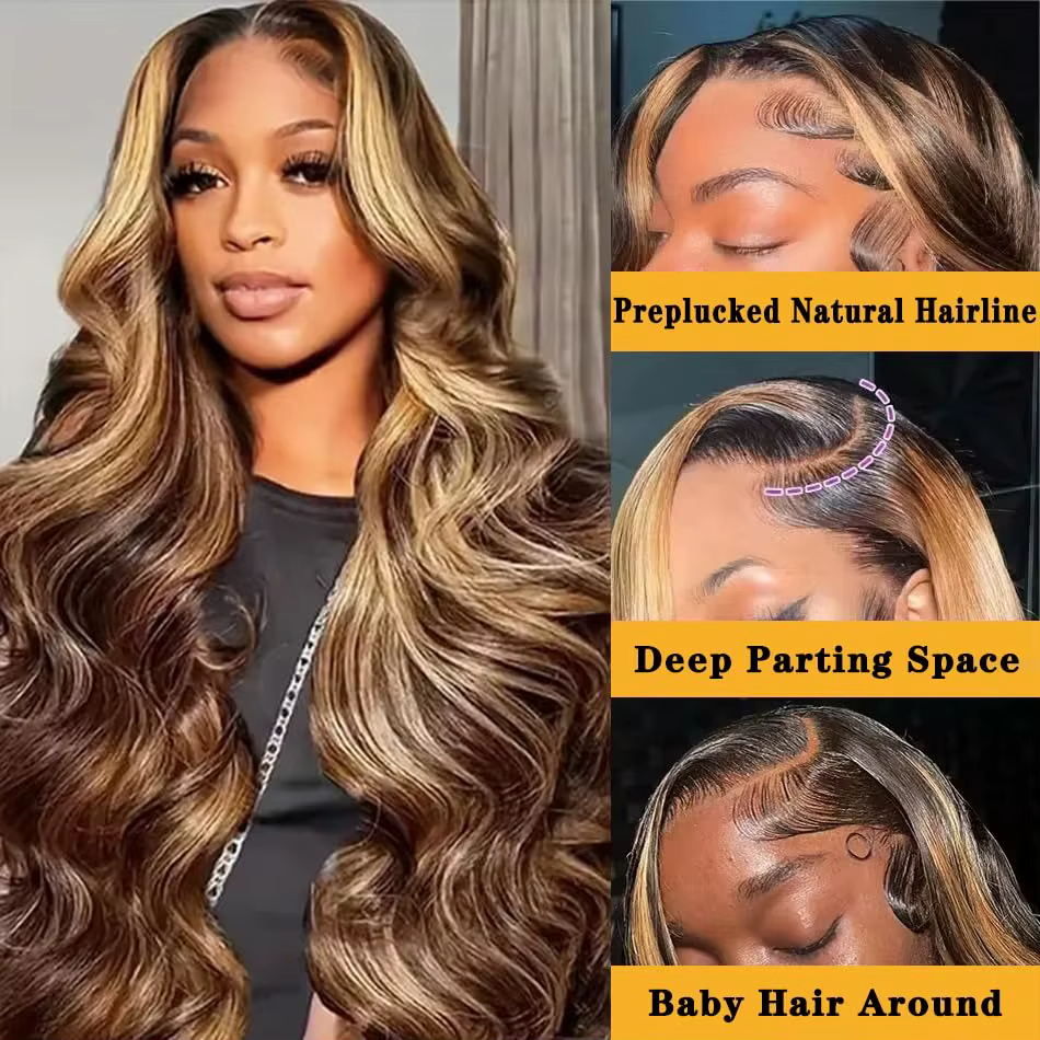 30 pouces miel blond Ombre 13X4 HD dentelle avant perruque cheveux humains mettre en évidence vague 