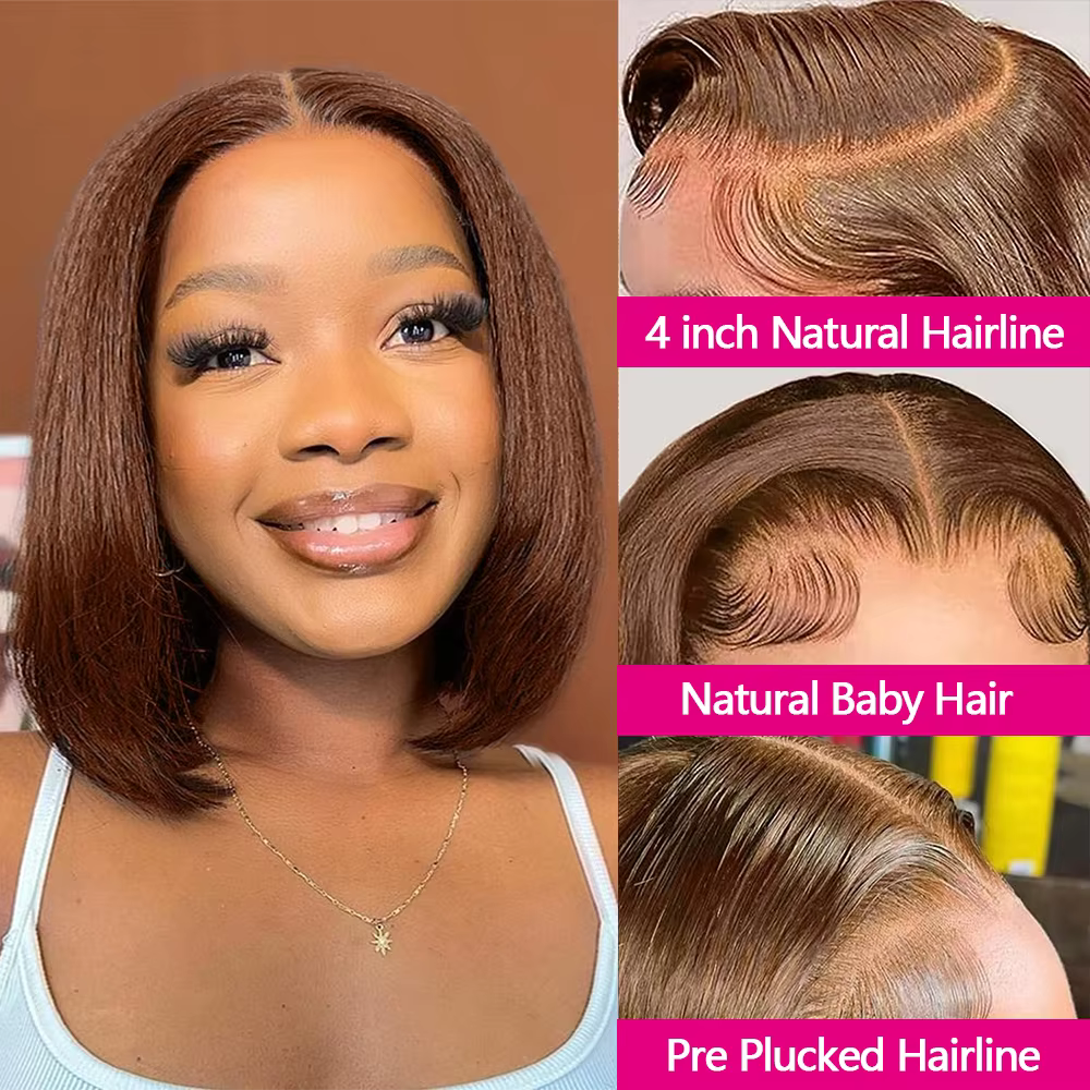 Perruque Bob Sans Colle Marron Chocolat Perruque Couleur 4# Bob 4x4 Perruques Cheveux Humains Sans C