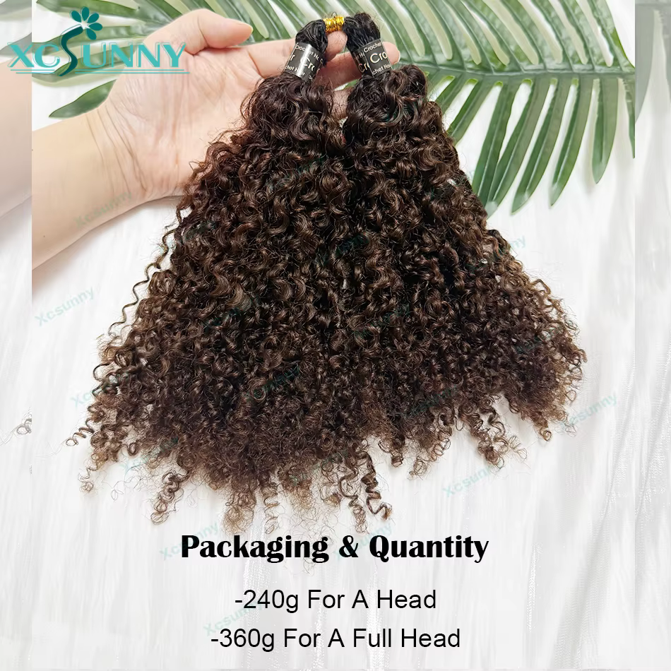 Extensions de cheveux humains au crochet effet plume, bouclées afro crépues ombrées 1b 4, pré-séparé