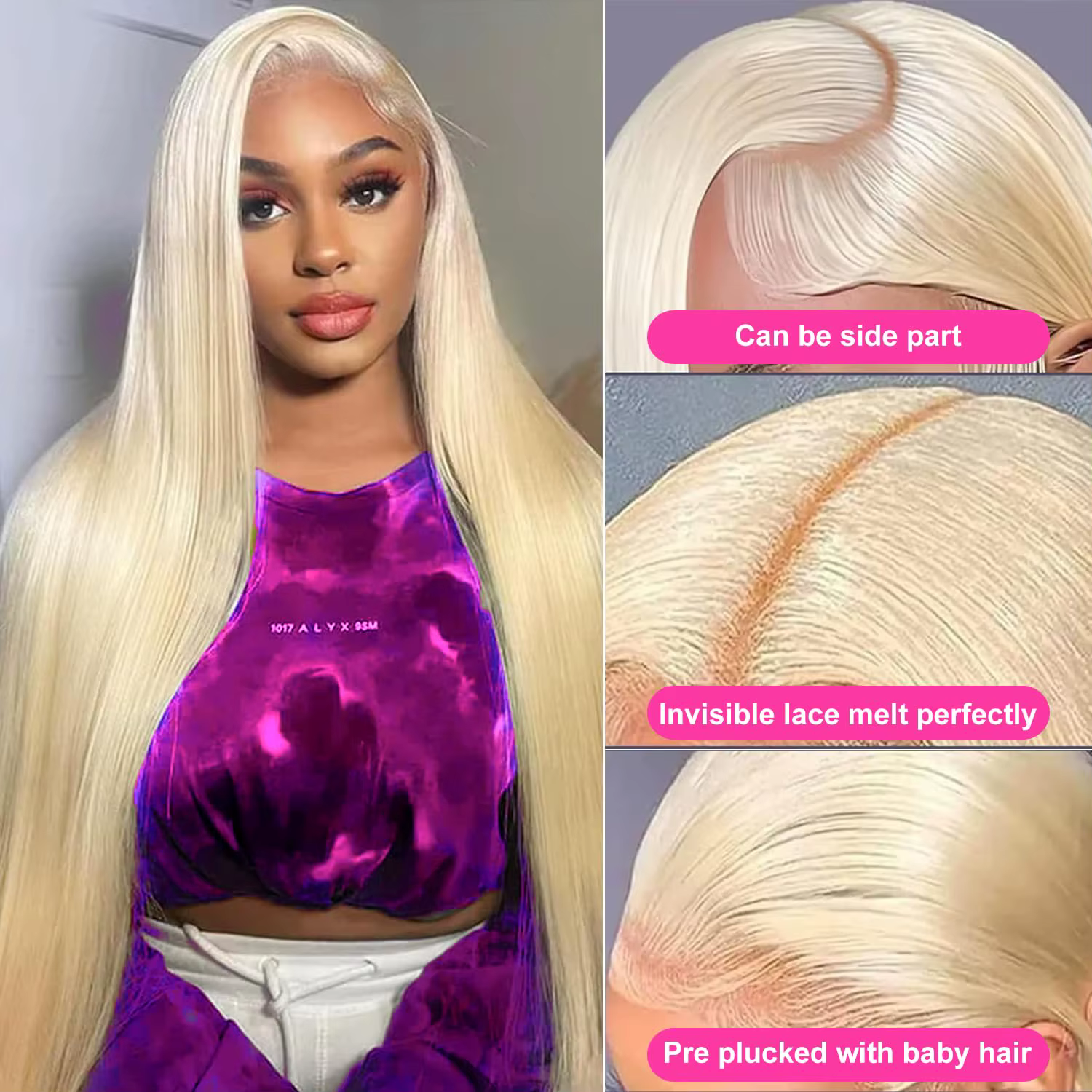 Perruque Lace Frontale 40 pouces en Cheveux Humains Blond 613 Lisse, avec Lace Frontale Transparente