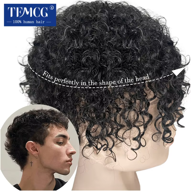 15MM bouclés mâle cheveux prothèse toupet hommes 100% indien cheveux humains confortable peau Base p