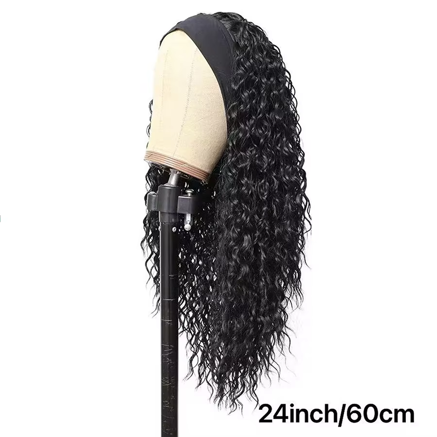 Perruque à bandeau longue de 24 pouces, bouclée et profonde, noire, synthétique, résistante à la cha