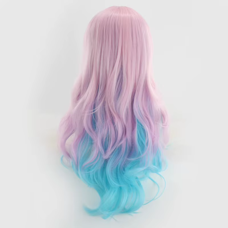 Perruque synthétique arc-en-ciel bleue avec frange, perruques ondulées de Cosplay de fête pour femme