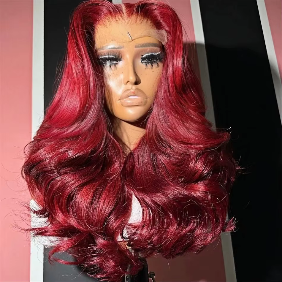 Perruque Lace Front Wig Body Wave Naturelle pour Femme, Cheveux Humains, Bordeaux 99J, 13x6 HD, Pre-