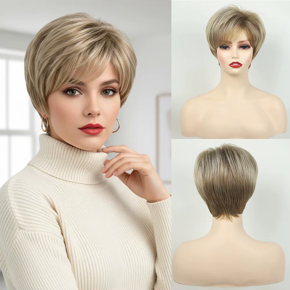Perruques synthétiques courtes blondes coupe lutin, perruque superposée lisse et réaliste avec frang