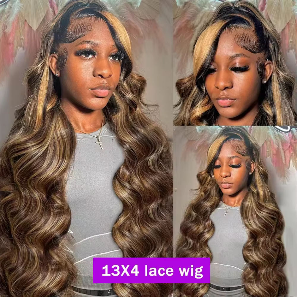 Perruque en cheveux humains avec dentelle frontale 13x6, blonde ombrée brune, vague corporelle, dens