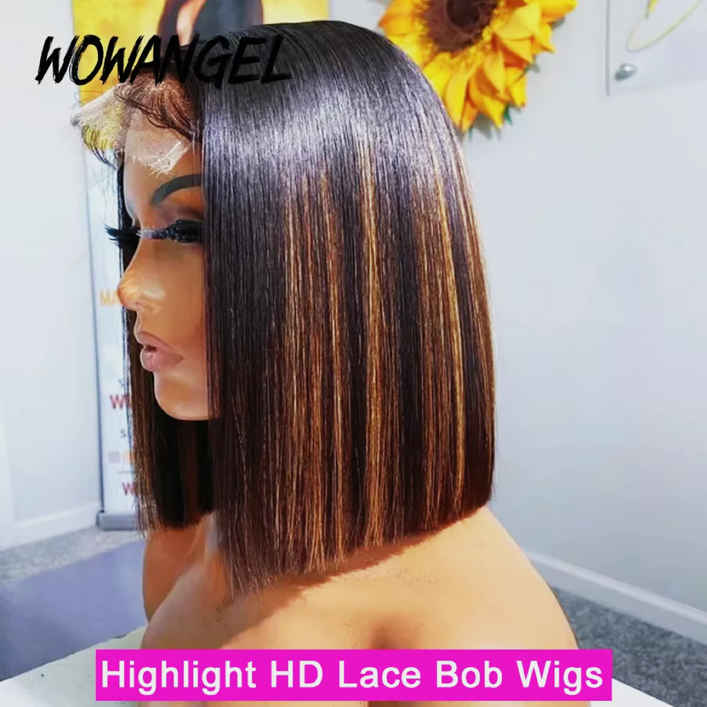 Wow Angel perruques Bob droites courtes 13x4 Lace Front perruques de cheveux humains 1B30 # Highligh
