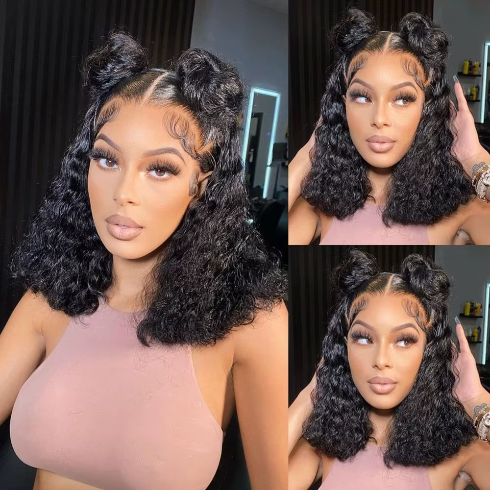 Perruque BOB Lace Front Wig naturelle bouclée, cheveux humains, 13x4 HD, pre-plucked, transparente,