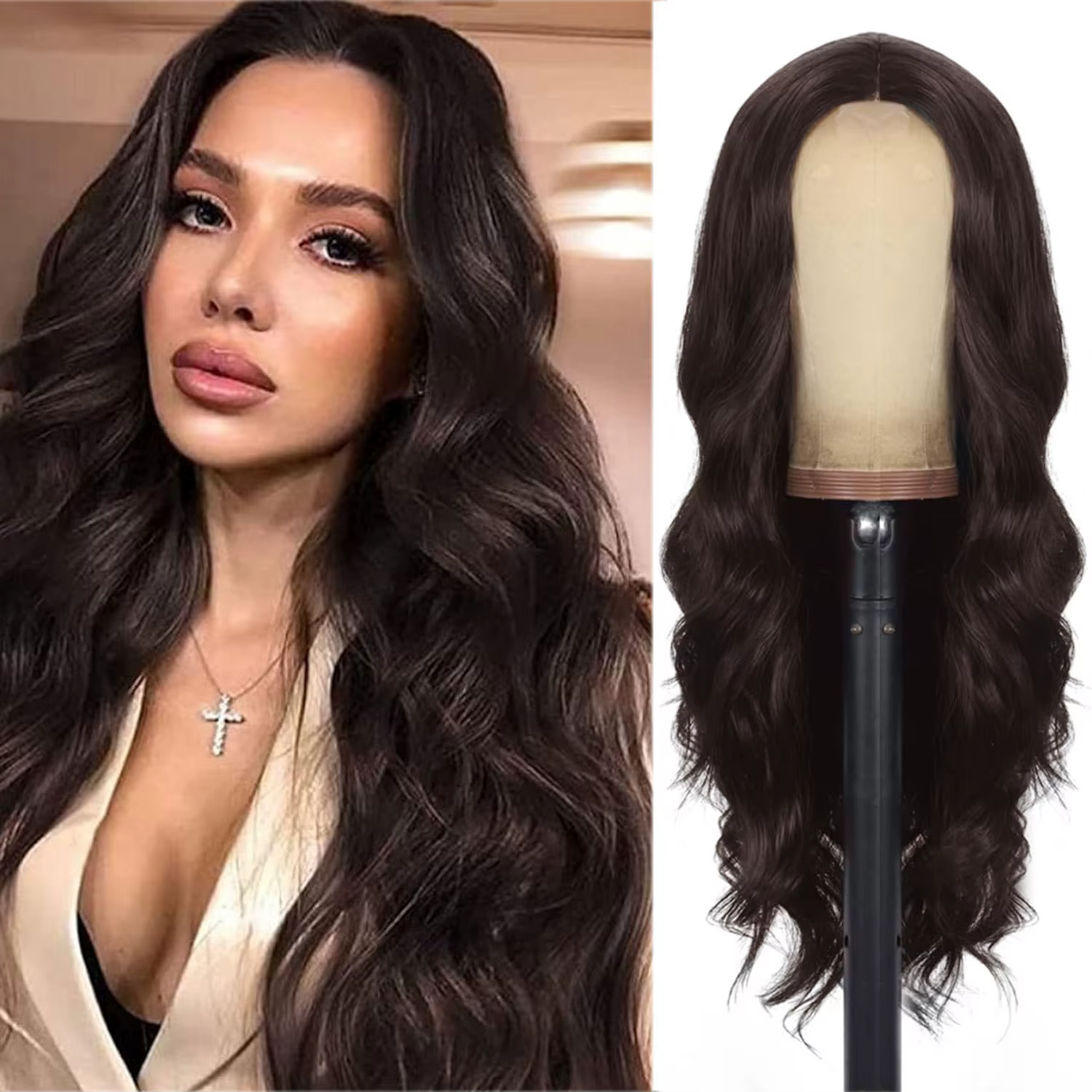 Perruque synthétique noire à la mode, grandes vagues, cheveux longs et bouclés, cheveux longs et moe