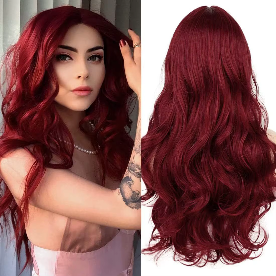 Perruque synthétique rouge avec partie centrale et cheveux longs ondulés. Convient aux fêtes quotidi