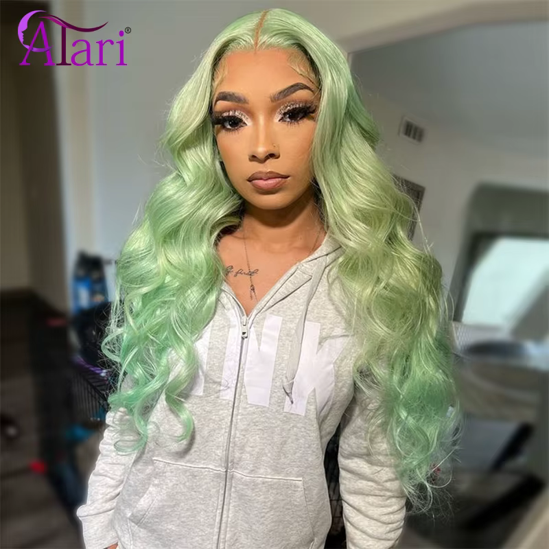 Perruques de cheveux humains Body Wave, vert menthe ombré, perruque droite 613, dentelle transparent